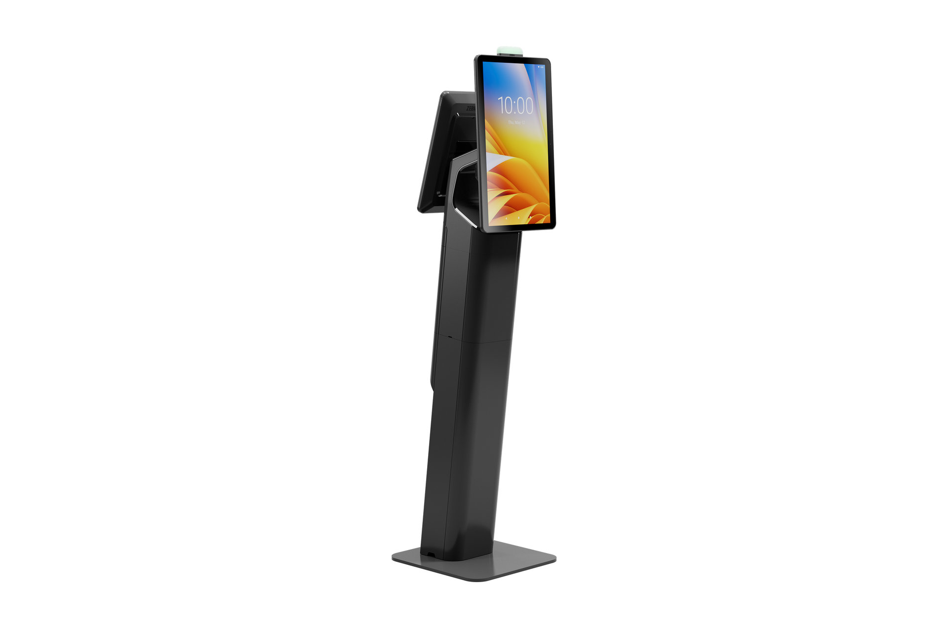 Zebra KC50 self-service kiosk with a large portrait touchscreen and floor stand